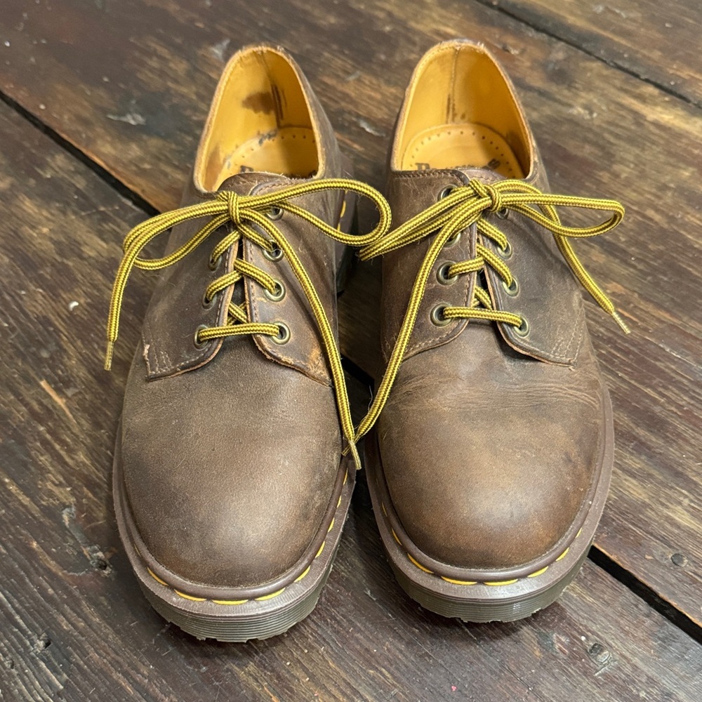 Dr. Martens Brown Leather Derby Shoes with Yellow Accents